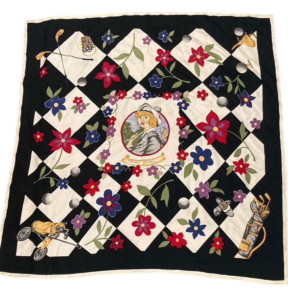 Vintage Barbara Nicklaus Golf theme Silk Scarf hand rolled edges